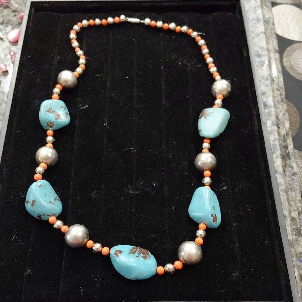 Turquoise and Silver Beaded Necklace Estate Sale piece. Metal is not silver